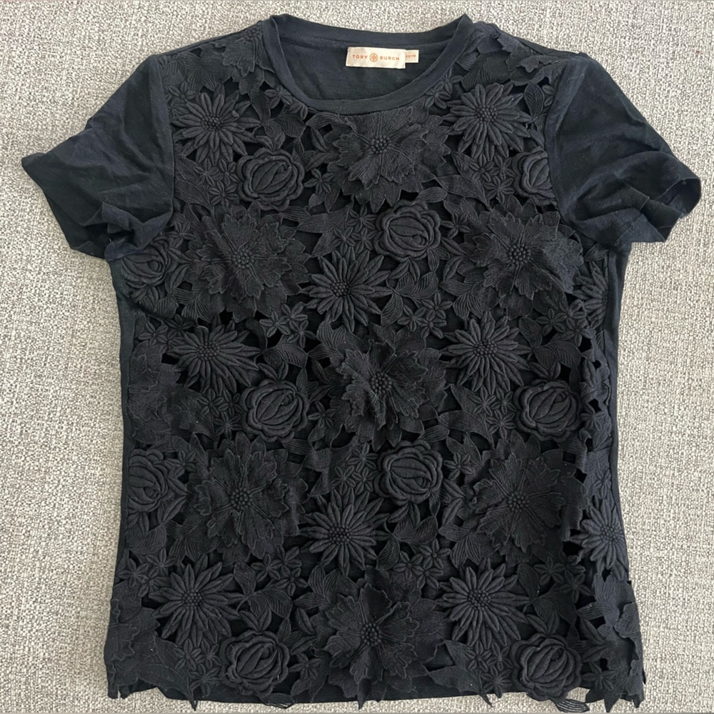 Tory Burch Black Floral Lace Short Sleeve Tee